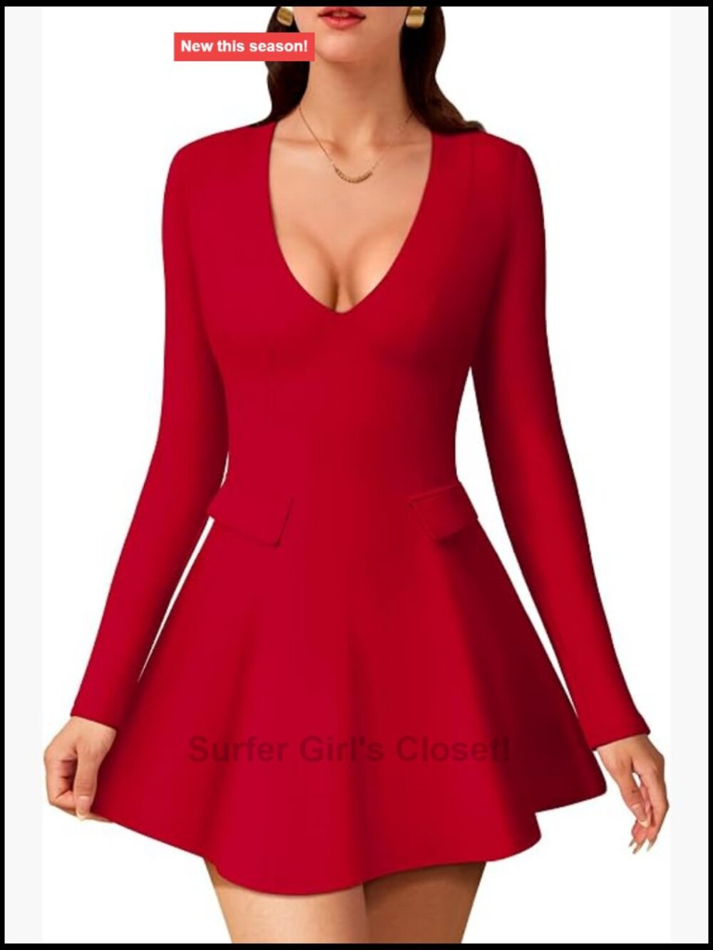 Women's Sexy Deep V Neck A-Line Party Night Out Mini Dress with Pockets Long